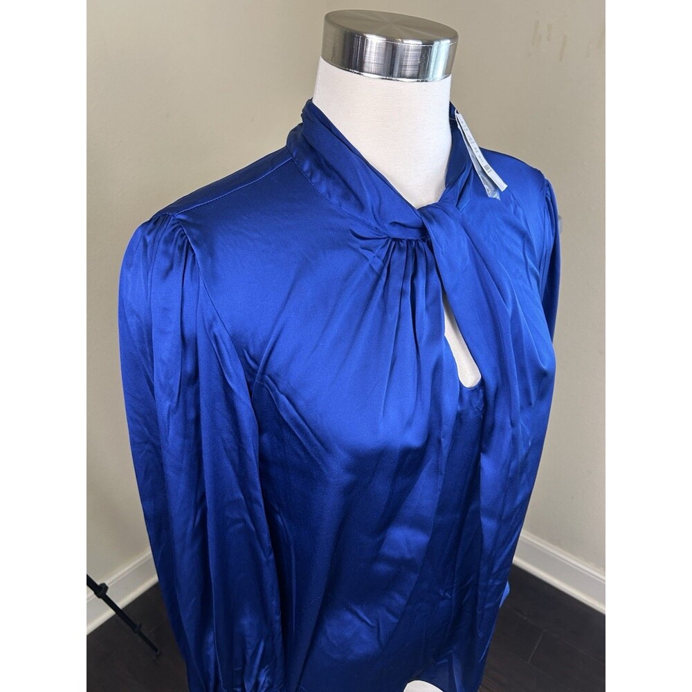 WHITE HOUSE BLACK MARKET Twisted Neck Satin Blouse Sodalite Blue NWT Sz 12 - Picture 4 of 8
